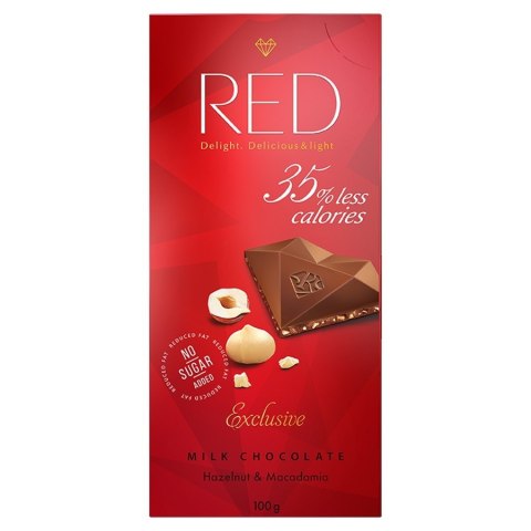 Czekolada mleczna z orzechami laskowymi i makadamia 30% mniej kalorii RED Delight, 100g